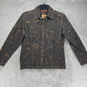 Chico's Anniversary Collection‎ Black & Brown Beaded Tribal Design Jacket Sz 1